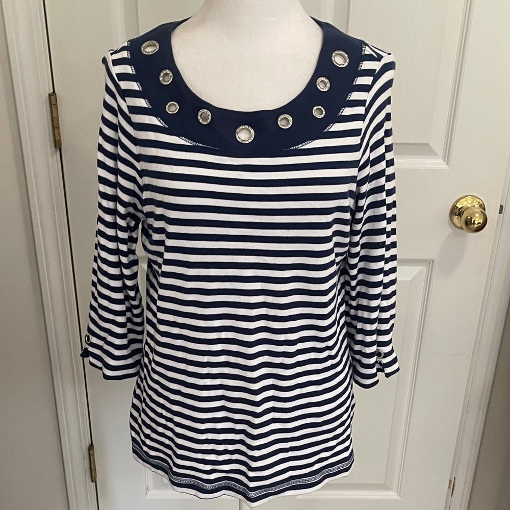 Quacker Factory Navy and White Striped Blouse with Grommet Accents